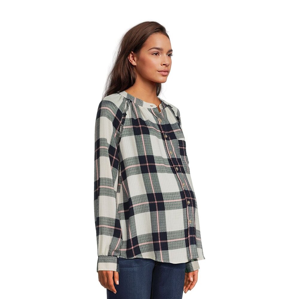 Time and Tru Maternity Misses Small Woven Button Up Top  Blue Plaid Shirt